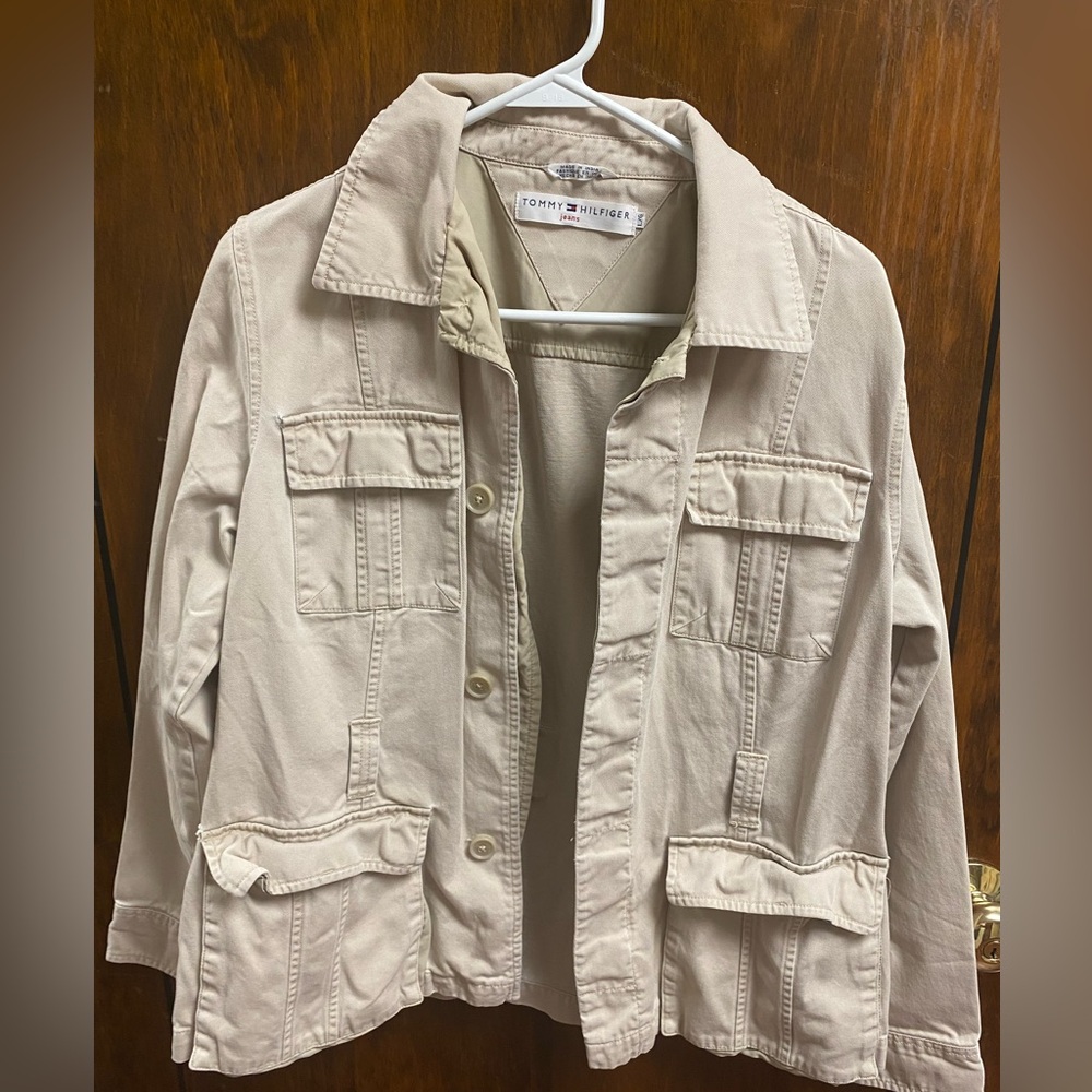 Tommy Hilfiger Jacket Womens Large Beige Tan Utility Long Sleeve Coat Jacket